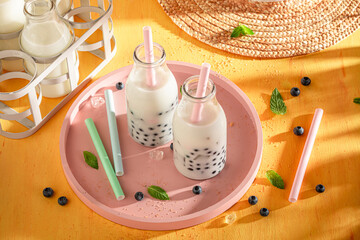 Tasty blueberry bubble tea as perfect drink for warm days.