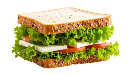 A Close up view of a wholesome vegetarian sandwich made with slices of bread and filled with crisp green lettuce and other fresh produce