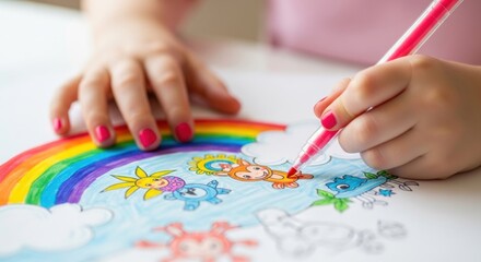 Naklejka premium Child drawing colorful cartoon animals under rainbow with crayons