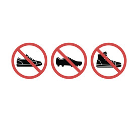 No shoes icon symbol set. Remove footwear sign. Shoes not allowed. Prohibition, prohibited, forbid shoes. Warning red round sign