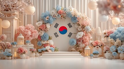 Spring festival news studio with a South Korean flag, floral wreaths, pastel tones, and a soft white backdrop