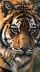 Naklejka premium Close-up portrait of a majestic Bengal tiger, showcasing its striking stripes and intense eyes