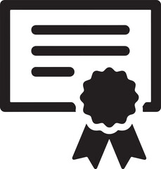 Silhouette icon of certificate with ribbon symbolizing skills training, achievement, and professional development.