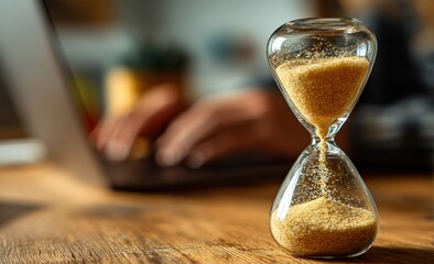 Hourglass with sand falling on wooden desk, emphasizing time management and focus. Blurred background shows person working on laptop