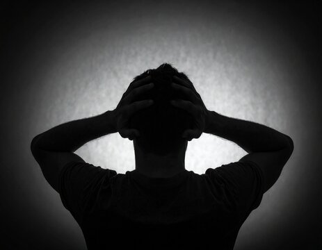Dramatic black and white portrait of a person standing with hands on head, symbolizing stress, anxiety, and mental health struggle