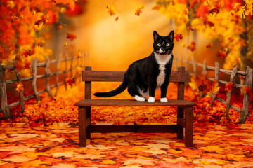 Black and White Cat Sitting on Bench in Autumn Scene