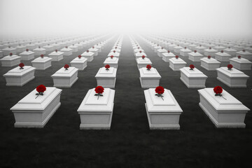 Fototapeta premium Rows of white coffins with single red roses on top in foggy cemetery, symbol of remembrance and loss