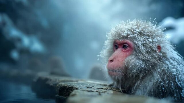 Snow monkey resting by hot spring in winter
