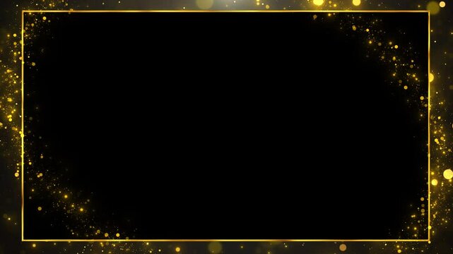 Gold frame glowing lights sparkle bokeh effects background. Shining golden rectangle. Luxury premium design . Luxurious Gold Border for Titles Intros, Wedding Event Invitations Glamorous Presentations