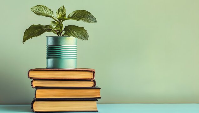 A green tin can with a plant on stacked books, symbolizing growth and education. Sage green background with copy space.

 - Powered by Adobe