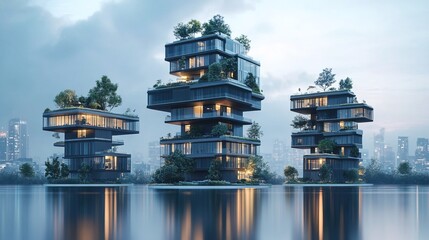Fototapeta premium A virtual real estate portfolio visualized as futuristic floating skyscrapers