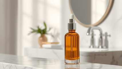 Cosmetic Serum Bottle Mockup on Marble Vanity