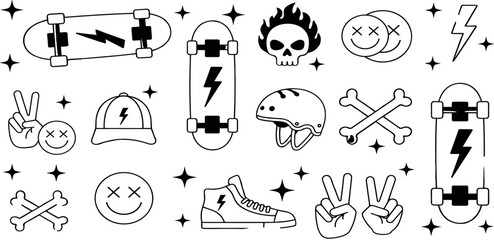 Skateboard seamless pattern. Skateboard background. Checkered seamless pattern with illustrations of skateboards, lightning, caps, and hand signs
