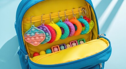 Colorful backpack with fidget toys and dice inside for sensory play and stress relief