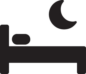 Silhouette icon of bed and moon representing sleep and rest area, relaxation space, and wellness break zone.