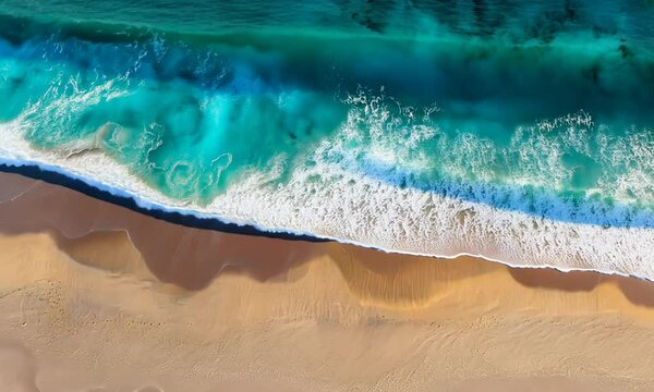 Aerial view shows turquoise ocean waves crashing onto a sun-drenched sandy beach. Shadows and textures create depth