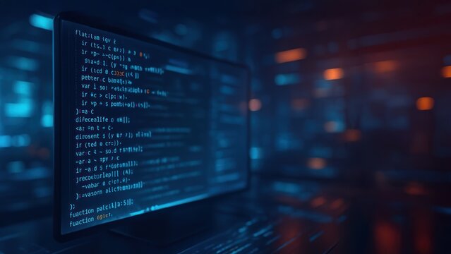 Bright code lines glow on screen in dark workspace, showing Code Flow and innovation in a Programming Interface of high tech design