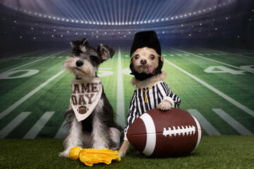 Dogs in Game Day Costumes with Football on Field