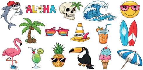 Fototapeta premium Tropical summer vector cartoon illustration set. shark, flamingo, skull, pineapple, surfboards, palm tree, and more