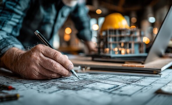 Senior architect drawing blueprints using a pencil, with a laptop and a building model in the background, focused on the hands and the architectural drawings