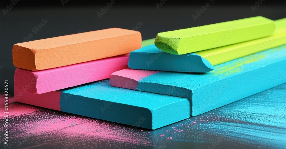 Aufkleber colorful chalk pieces stacked. dust particles visible below, creating vibrant visual texture. bright