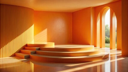 Orange minimalist interior with curved steps and arched windows showing greenery image
