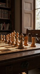 Chessboard Setup with Wooden Pieces in Warm Light Near Window and Bookshelf