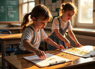 A boy solves a STEM puzzle in a bright classroom, demonstrating engagement and learning.