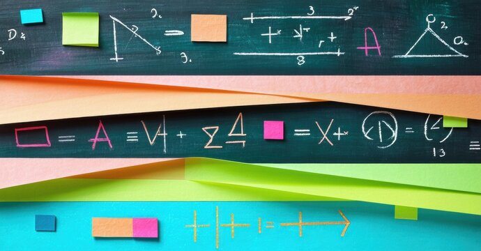 Colorful stacked boards display various mathematical equations, symbols, geometry. Bright hues create abstract, educational composition.