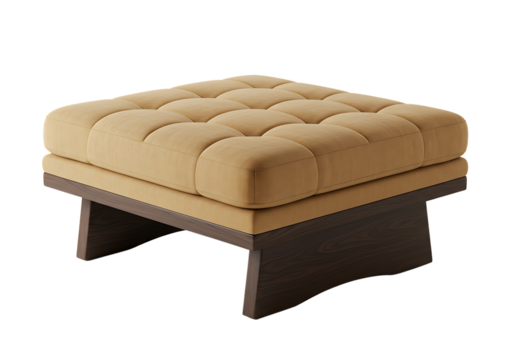 Modern tufted ottoman with wooden base contemporary furniture design Isolated on transparent background