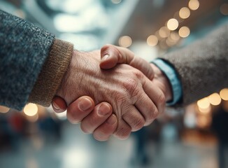 Two businessmen shaking hands in agreement in a modern office building with bokeh lights in the background