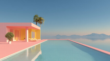 Fototapeta premium Minimalist Pink and Yellow Villa with Infinity Pool Overlooking the Ocean