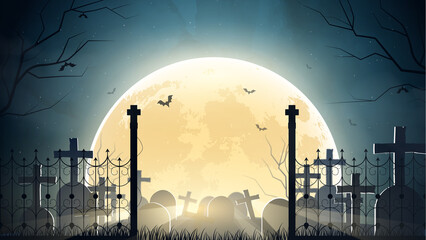 Obraz premium Spooky Cemetery at Night with Full Moon and Bats – Halloween Background