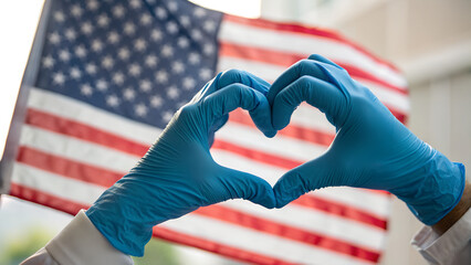 Hands in medical gloves forming a heart shape in front of an american flag showing love and support