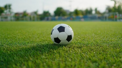 Fototapeta premium A traditional soccer ball on green grass, symbolizing the essence of the beautiful game. 