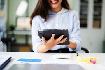 Businesswoman hand working digital marketing media screen with mobile phone and modern compute