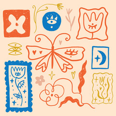 Groovy trippy style butterfly, tulip flower and more floral stamps design set. Hippie 60s 70s posters. Happy flowers with eyes romantic fantasy psychedelic background pattern elements in trendy cute
