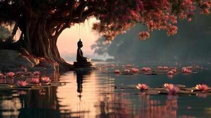 Peaceful Buddha Meditation by a Lotus-Filled Pond