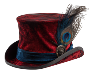 Red velvet top hat with blue ribbon, ornate metal button, and peacock feather accent, isolated on transparency background, vintage style, elegant and festive accessory