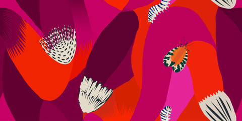 Vibrant bold flowers and bugs pattern. Dynamic hand drawn cute print. Fashionable template for design. 