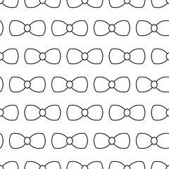 Bow. Horizontally arranged bows. Sketch. Continuous vector pattern. Seamless ornament of cute bow ties. Isolated colorless background. Doodle style. Idea for web design.