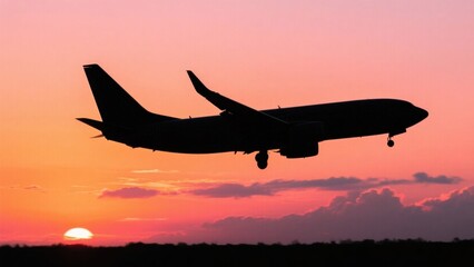 Under the pink - purple gradient sky, the black silhouette of an airplane is preparing to land, presenting a quiet and simple scene.