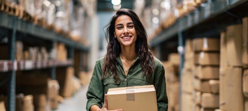 The smiling woman holding a package in a busy warehouse environment.