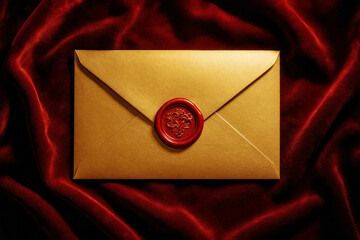 Golden envelope with red wax seal on red velvet background, top view