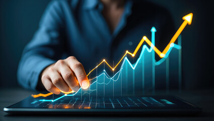 Navigating Financial Growth A Hand Interacting with a Dynamic Graph on a Tablet Displaying Market Trends, Investment Strategies, and the Pursuit of Economic Prosperity