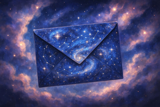 Envelope with starry galaxy texture and constellations on cosmic background, digital illustration
