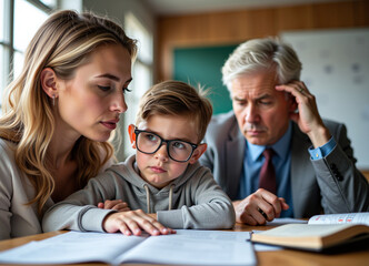 Fototapeta premium Blonde teacher, child, and older male tutor in serious conversation in a classroom.