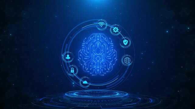 Futuristic HUD Ai chatbot machine learning technology ai assistance circuit board abstract background digital robot brain logo circle big data network connection background. Matrix big data processing