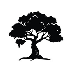 Elegant black silhouette of a majestic tree, perfect for nature-inspired designs, tattoos, or wall art. High-quality vector art with detailed roots and branches. Ideal for creative projects