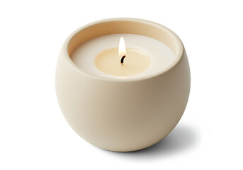 A lit cream colored candle with a single flame burning in a small spherical holder Isolated on transparent background